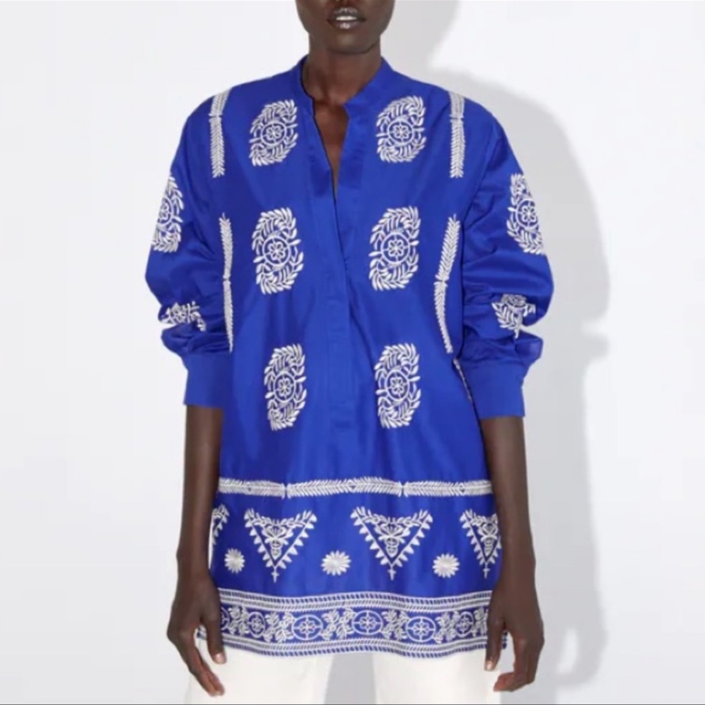 Zara Floral Embroidered Tunic V-Neck Bohemian Blue White Womens size M - Picture 3 of 10